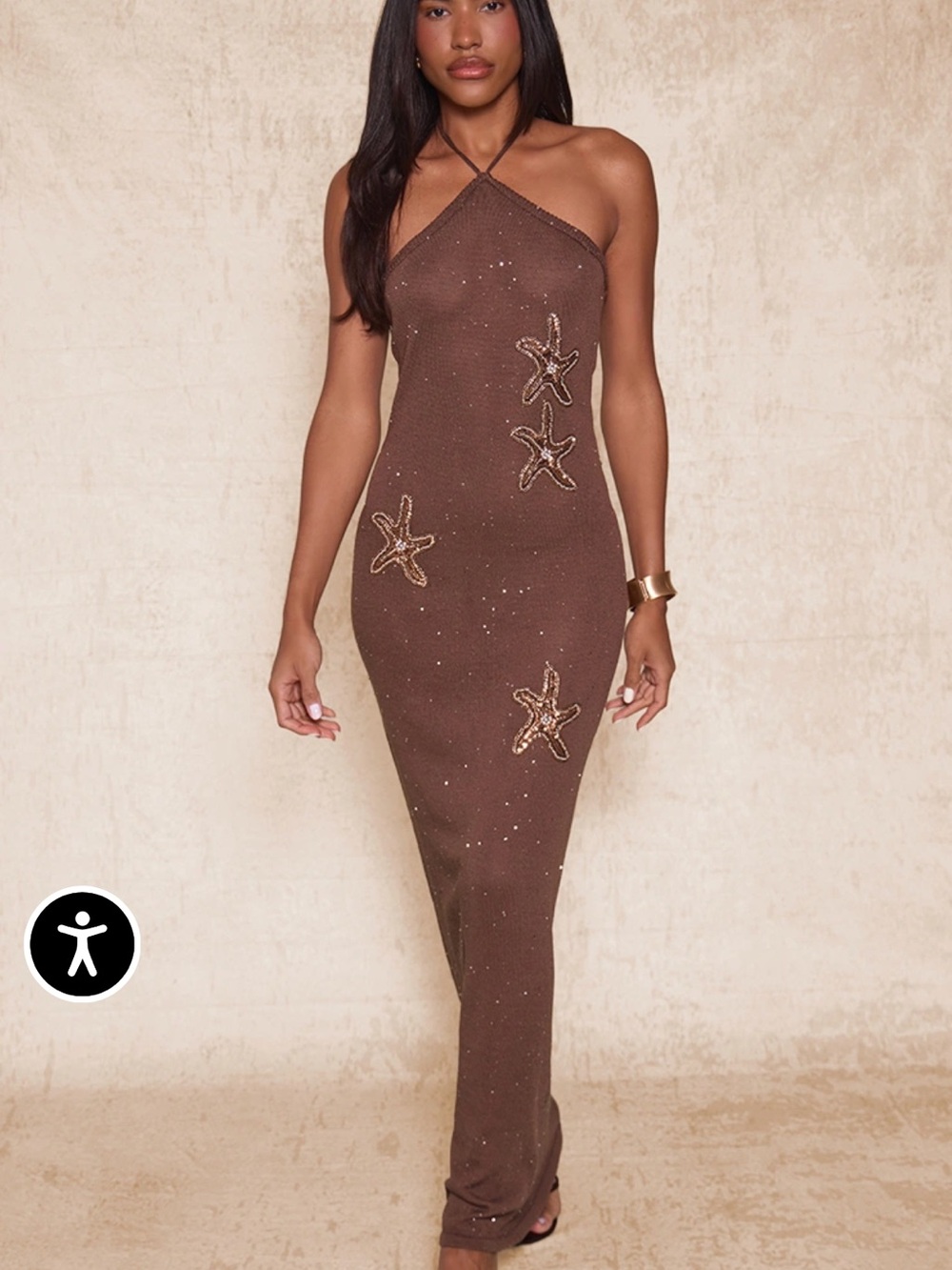 PrettyLittleThing Brown Halterneck Maxi Dress with Starfish Embellishments